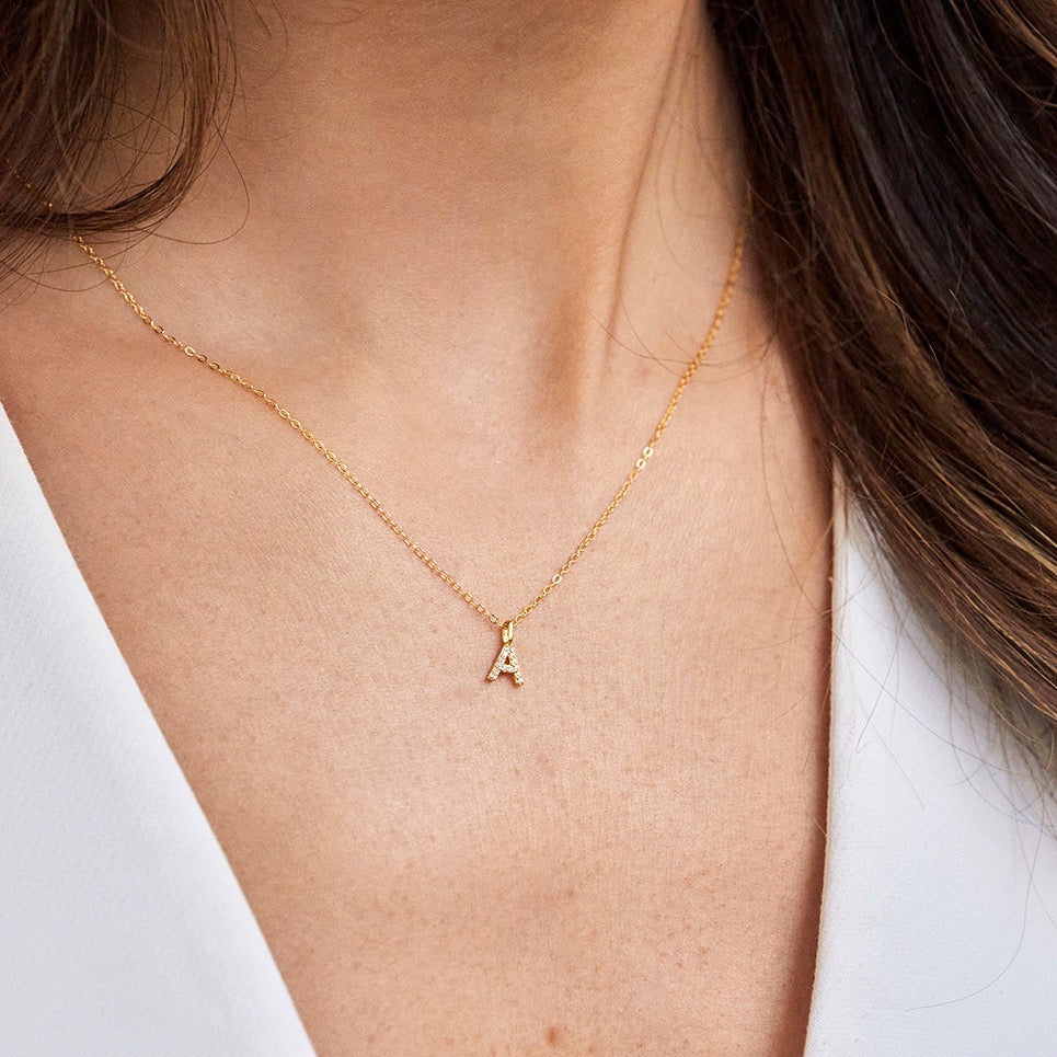 Dainty 14K Gold Initial Necklaces | Great Gifts! | Mazi + Zo R / 16-inch Chain