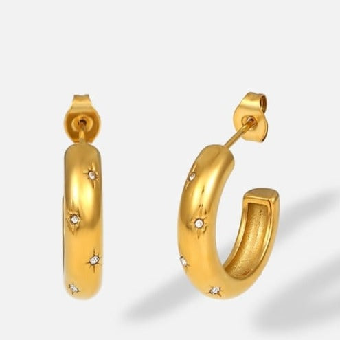 Starry Eye Hoops Classic Starry Gold C Shape Hoops. Material: Stainless Steel Zircon.zoandco jewellery ireland dublin affordable luxury personalised gift 