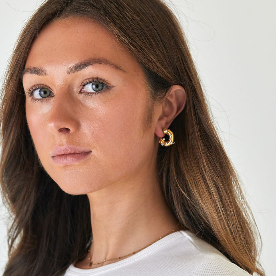 Lola Hoops Pearl & Sparkle Staple Gold Hoops. Material: Stainless Steel. zoandco jewellery ireland dublin affordable luxury personalised